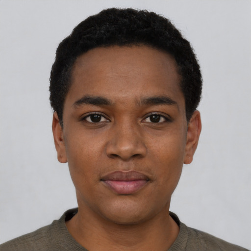 Neutral black young-adult male with short  black hair and brown eyes