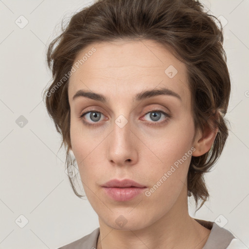 Neutral white young-adult female with medium  brown hair and grey eyes