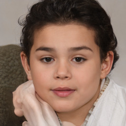 Joyful white child female with short  brown hair and brown eyes