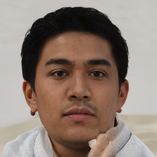 Neutral asian young-adult male with short  black hair and brown eyes
