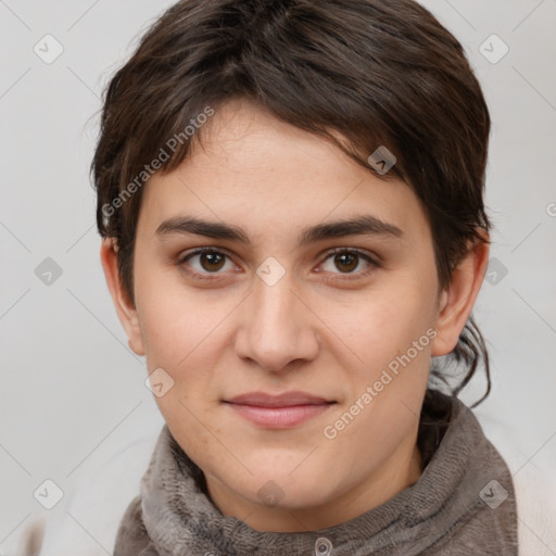 Joyful white young-adult female with short  brown hair and brown eyes