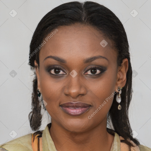 Joyful latino young-adult female with medium  brown hair and brown eyes