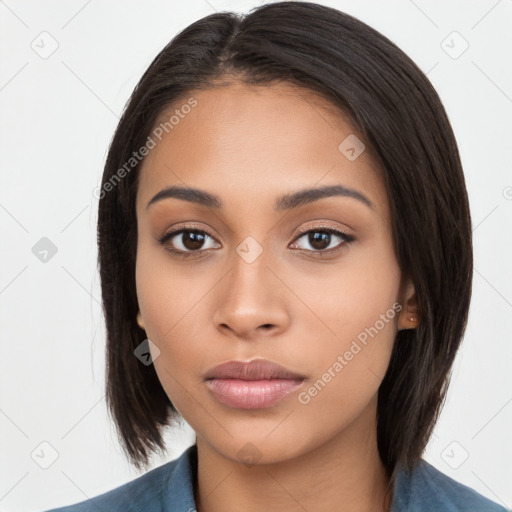 Neutral latino young-adult female with medium  brown hair and brown eyes