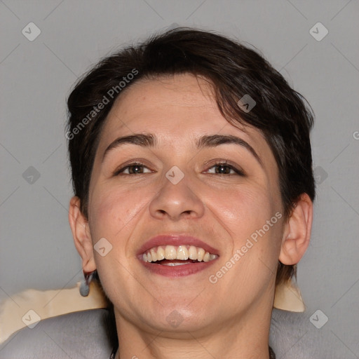 Joyful white adult female with medium  brown hair and brown eyes