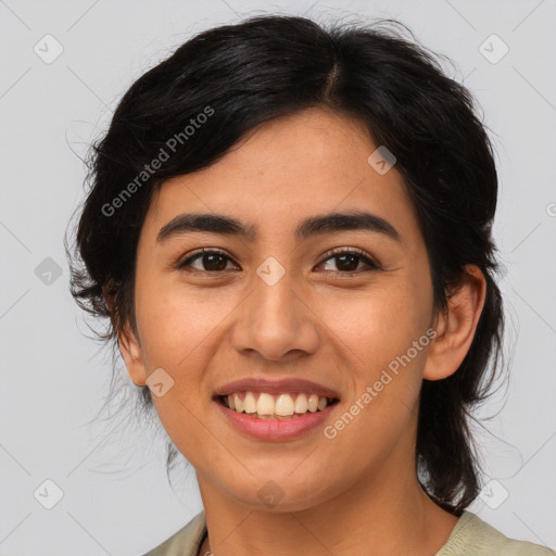 Joyful asian young-adult female with medium  brown hair and brown eyes