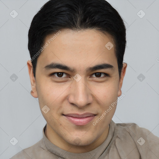 Joyful asian young-adult male with short  brown hair and brown eyes