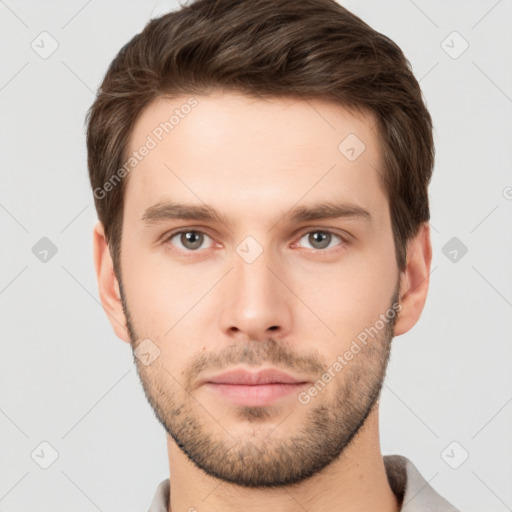 Neutral white young-adult male with short  brown hair and brown eyes