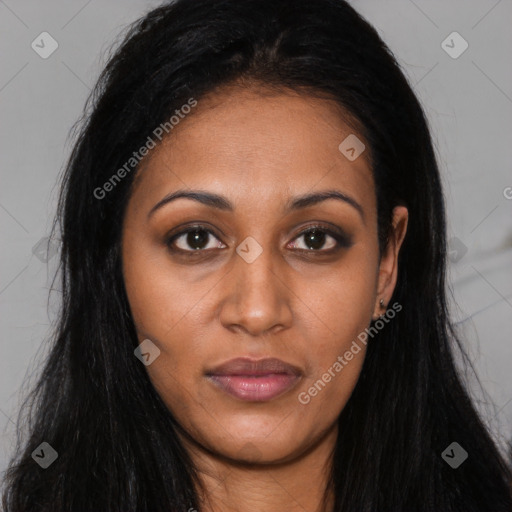 Joyful latino young-adult female with long  black hair and brown eyes