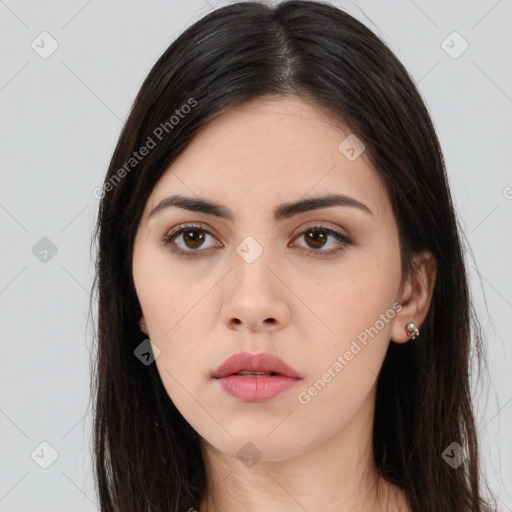 Neutral white young-adult female with long  brown hair and brown eyes