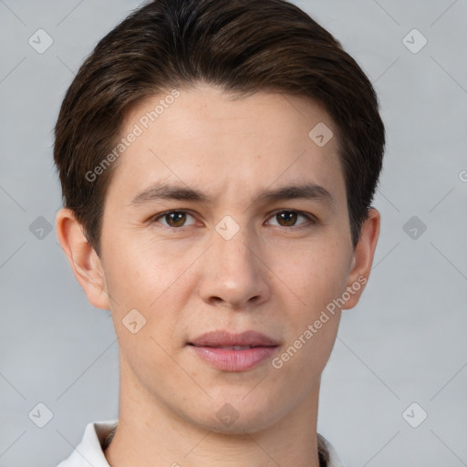 Joyful white young-adult male with short  brown hair and brown eyes