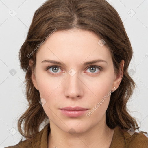 Neutral white young-adult female with medium  brown hair and grey eyes