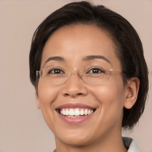 Joyful white adult female with medium  brown hair and brown eyes