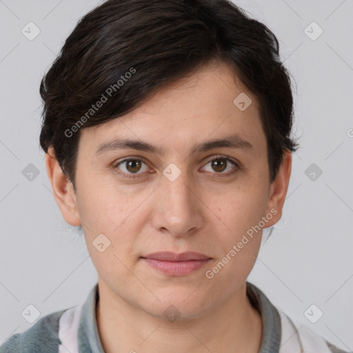 Joyful white young-adult female with short  brown hair and brown eyes