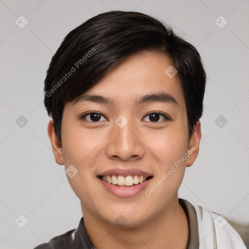 Joyful asian young-adult male with short  black hair and brown eyes