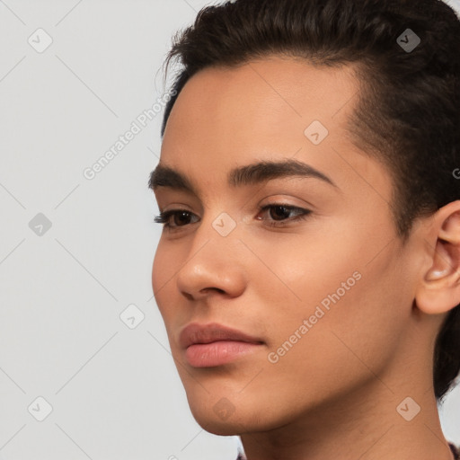 Neutral white young-adult female with short  brown hair and brown eyes