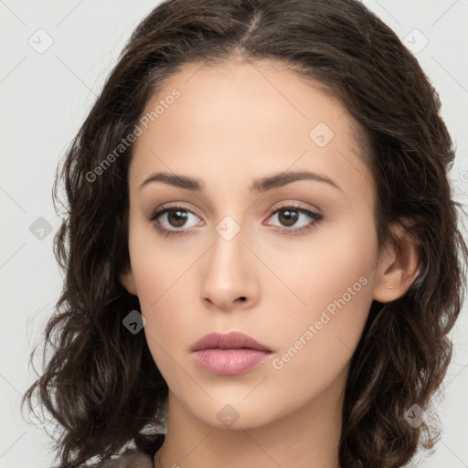 Neutral white young-adult female with long  brown hair and brown eyes