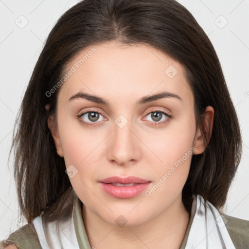 Neutral white young-adult female with medium  brown hair and brown eyes