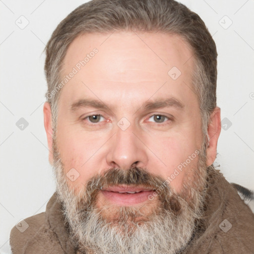 Neutral white adult male with short  brown hair and grey eyes