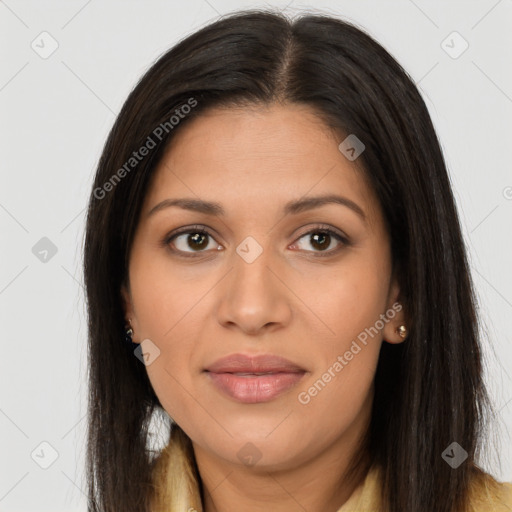 Joyful latino young-adult female with long  brown hair and brown eyes