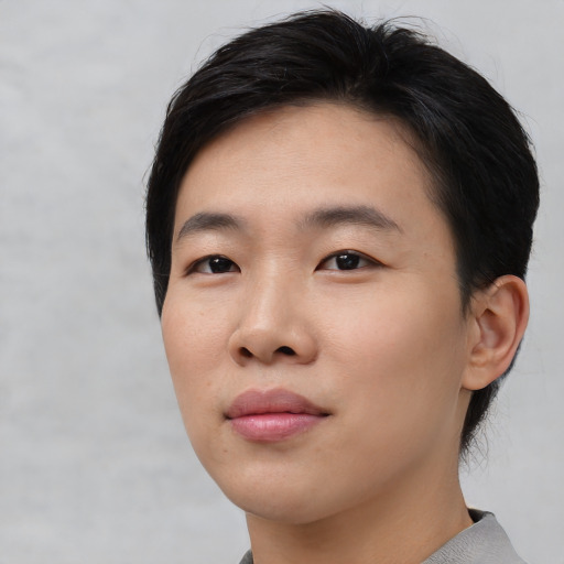 Neutral asian young-adult female with short  black hair and brown eyes