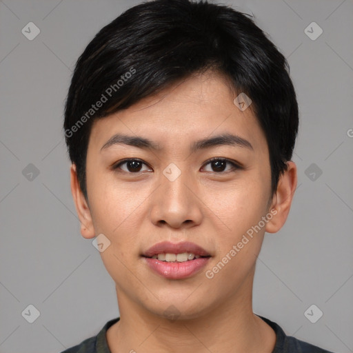 Joyful asian young-adult female with short  black hair and brown eyes