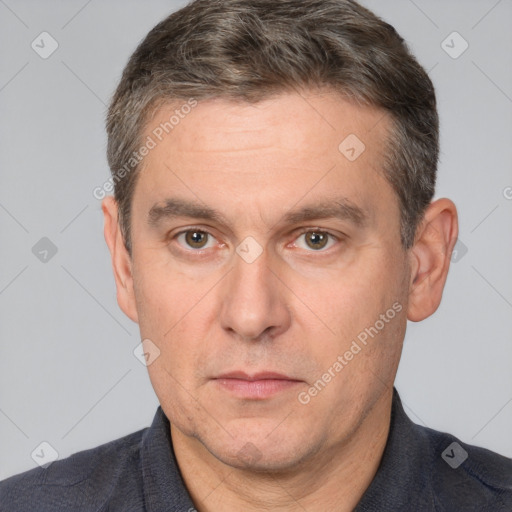 Neutral white adult male with short  brown hair and brown eyes