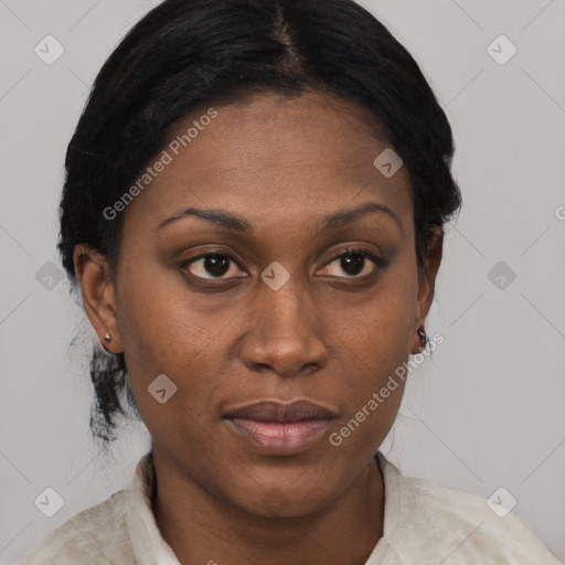 Joyful latino young-adult female with medium  black hair and brown eyes