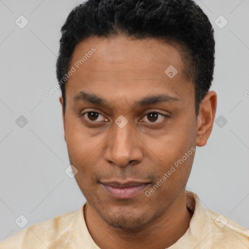 Neutral latino young-adult male with short  black hair and brown eyes