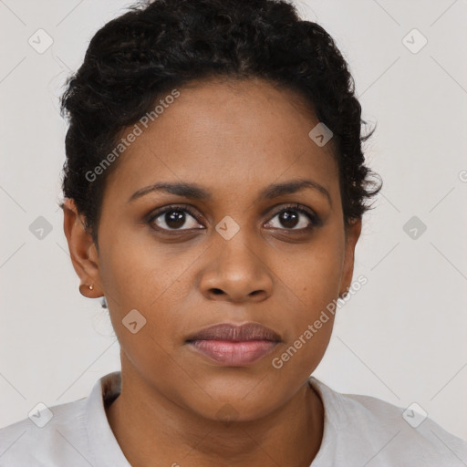 Neutral black young-adult female with short  brown hair and brown eyes