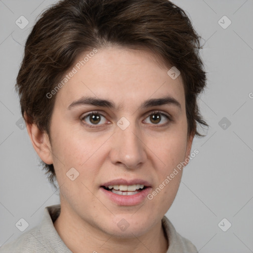 Joyful white young-adult female with medium  brown hair and brown eyes