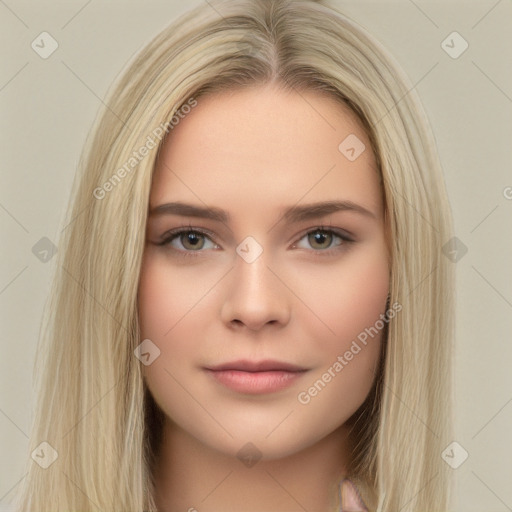 Neutral white young-adult female with long  brown hair and brown eyes