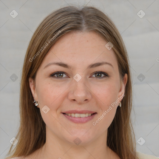 Joyful white young-adult female with long  brown hair and grey eyes