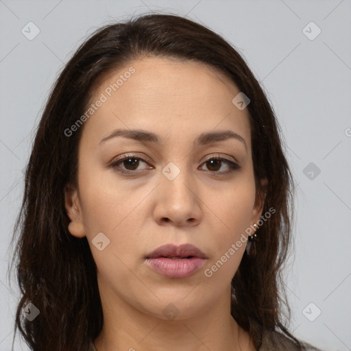 Neutral white young-adult female with long  brown hair and brown eyes