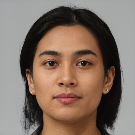 Neutral asian young-adult female with medium  black hair and brown eyes