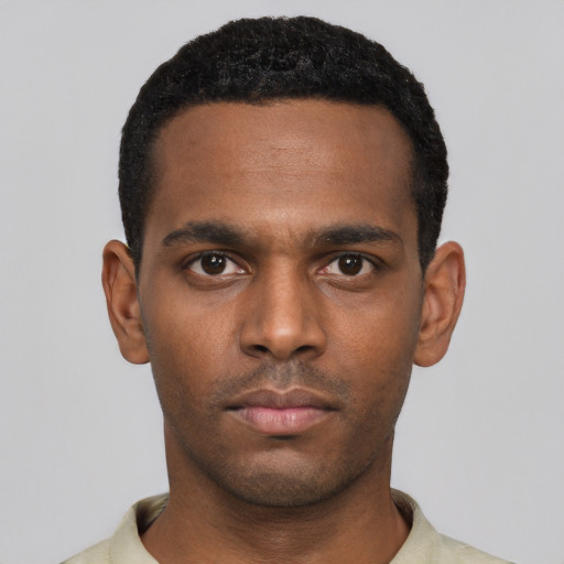 Neutral black young-adult male with short  black hair and brown eyes