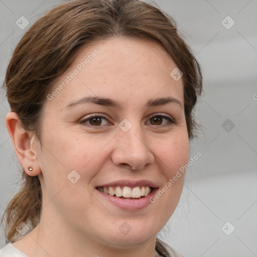 Joyful white young-adult female with medium  brown hair and grey eyes