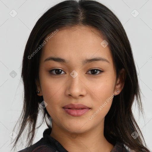 Neutral asian young-adult female with medium  brown hair and brown eyes