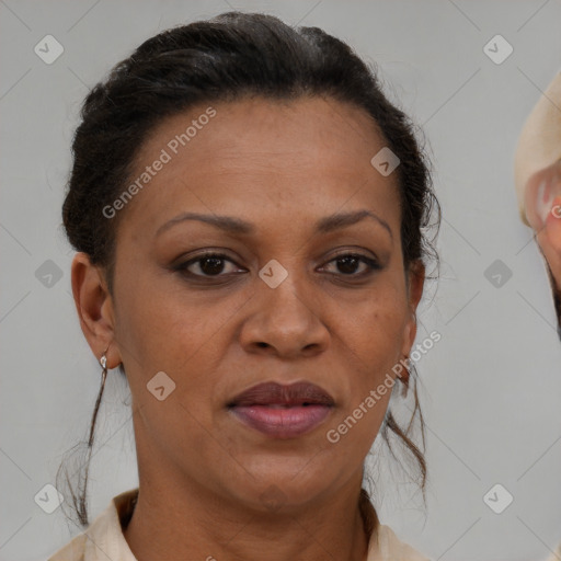 Joyful black adult female with medium  brown hair and brown eyes