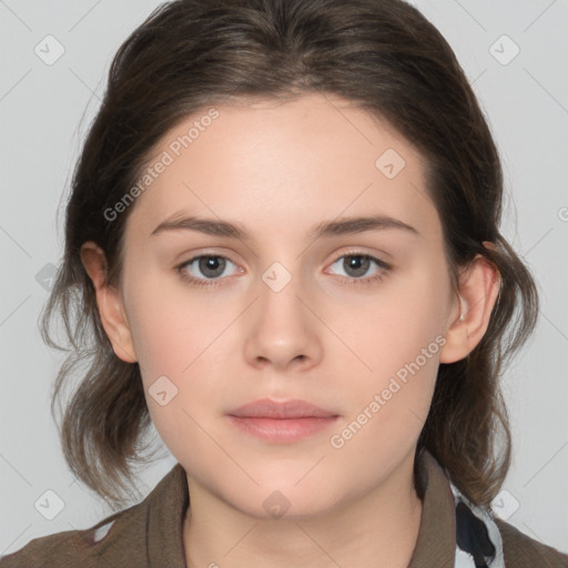 Neutral white young-adult female with medium  brown hair and brown eyes