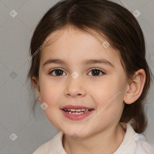 Joyful white child female with medium  brown hair and brown eyes