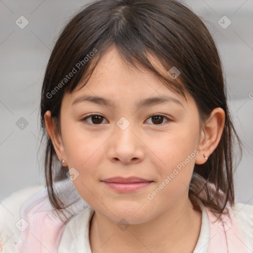 Joyful white child female with medium  brown hair and brown eyes