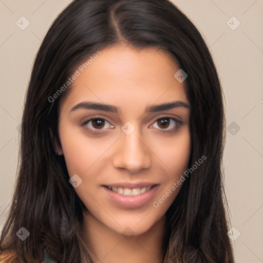 Joyful latino young-adult female with long  brown hair and brown eyes