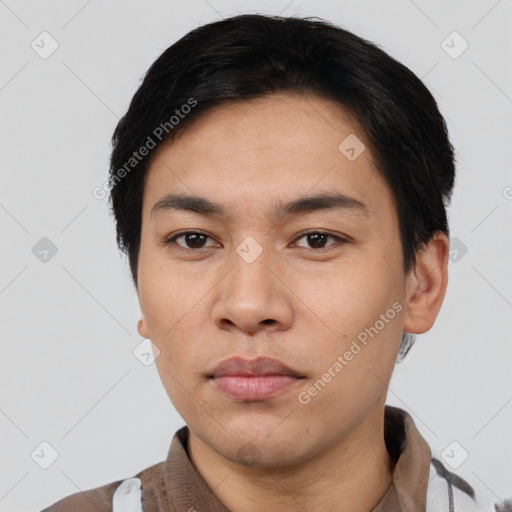 Neutral asian young-adult male with short  black hair and brown eyes