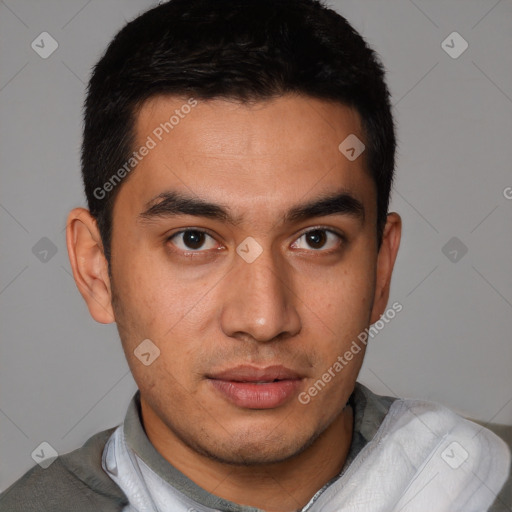 Neutral latino young-adult male with short  brown hair and brown eyes