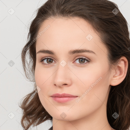 Neutral white young-adult female with medium  brown hair and brown eyes