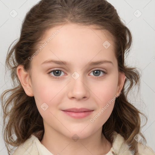 Joyful white child female with medium  brown hair and grey eyes