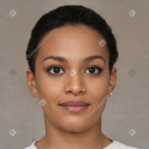 Joyful latino young-adult female with short  brown hair and brown eyes