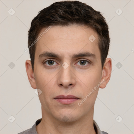 Neutral white young-adult male with short  brown hair and brown eyes