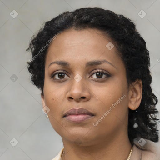 Neutral black young-adult female with short  black hair and brown eyes