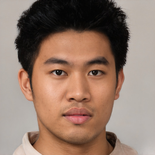 Neutral asian young-adult male with short  black hair and brown eyes